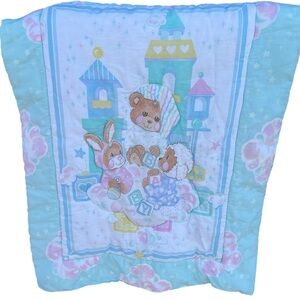 VTG Pastel Beddy Teddy Bear Riegel Quilted Crib Comforter BABY Blocks 31x42 GUC
